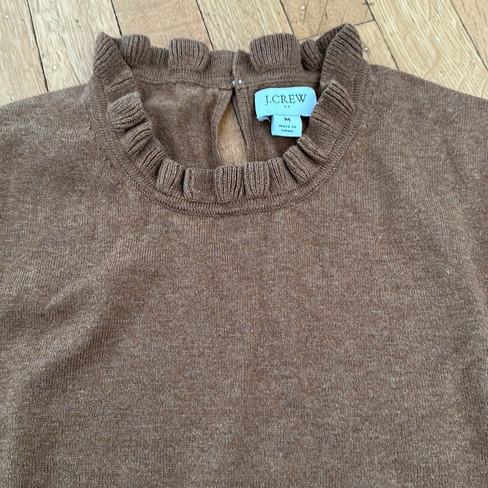 J Crew women’s brown sweater with ruffled collar